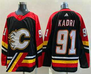 Mens Calgary Flames #91 Nazem Kadri Black 2022 Reverse Retro Stitched Jersey